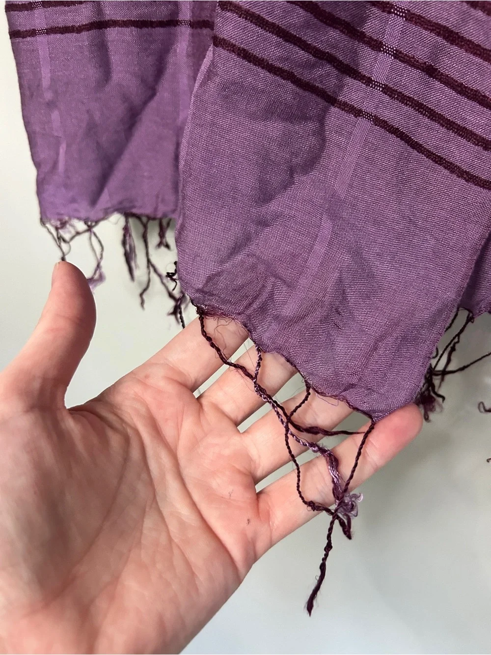 Handwoven Artisan Silk Linen Layering Scarf Wrap Shawl Purple Fringe Boho 78x25